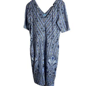J. McLaughlin Sheath Dress M Blue White Print Catalina Cloth V Neck Short Sleeve